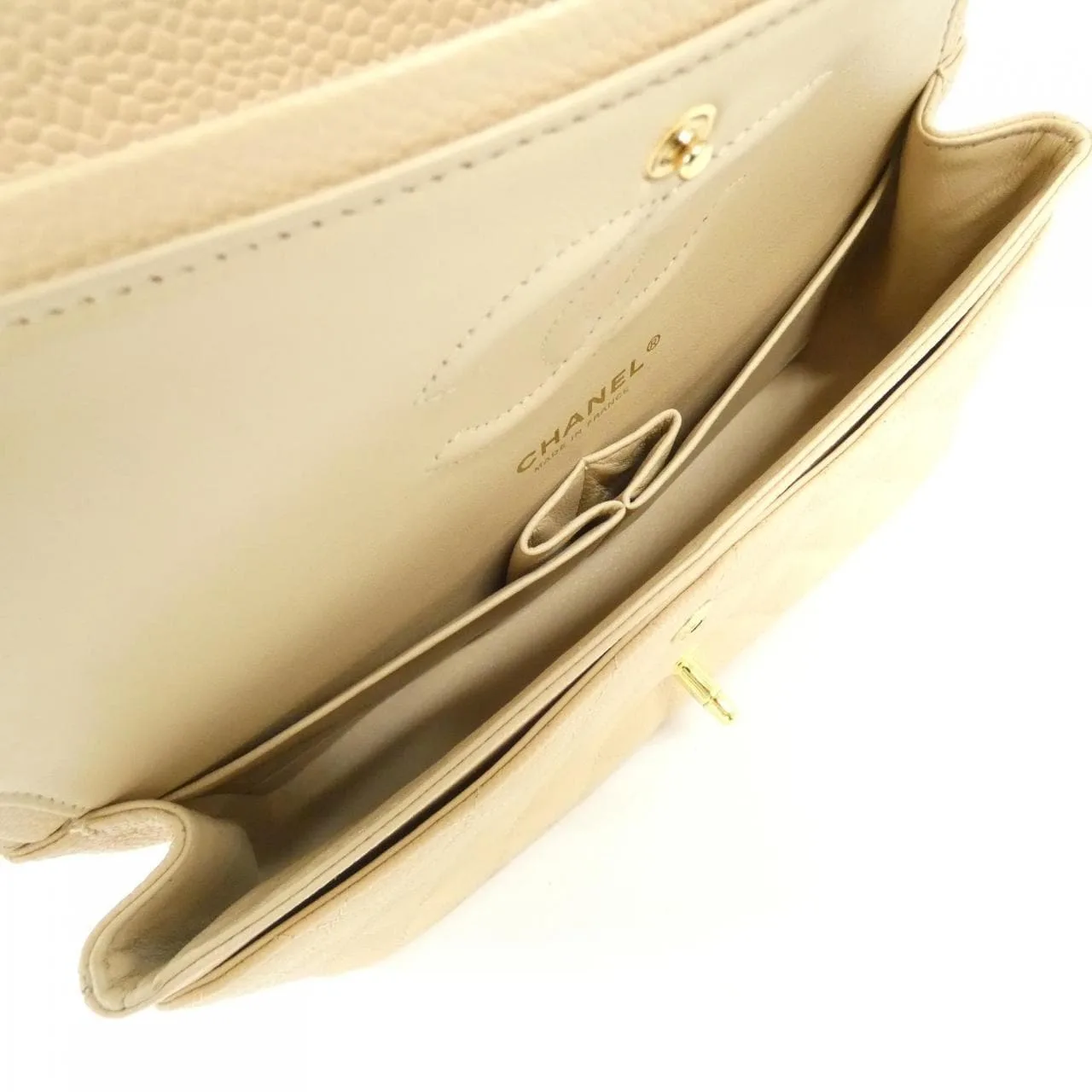 CHANEL Matelasse 1112 Shoulder Grained Calfskin 米色 荔枝紋牛皮 中古品A - 縮圖 8