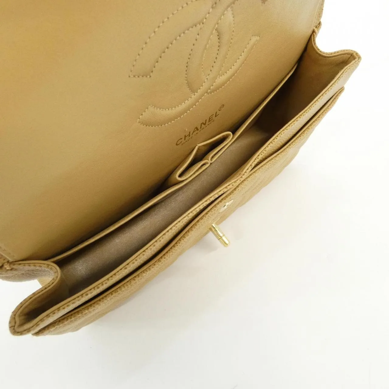 CHANEL Matelasse 1112 Shoulder Grained Calfskin 米色 荔枝紋牛皮 中古品A - 縮圖 8