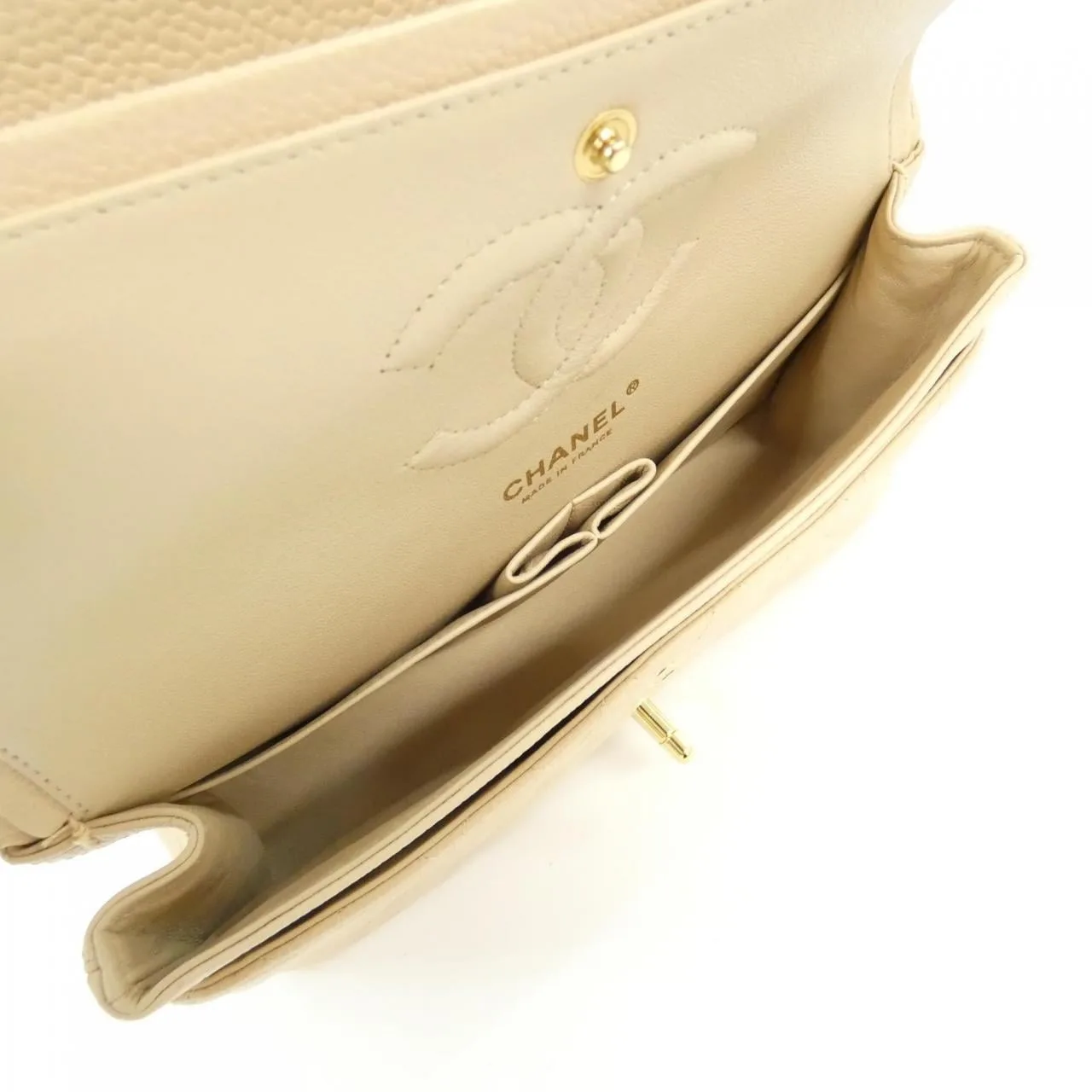 CHANEL Matelasse 1112 Shoulder Grained Calfskin 米色 荔枝紋牛皮 中古品A - 縮圖 6